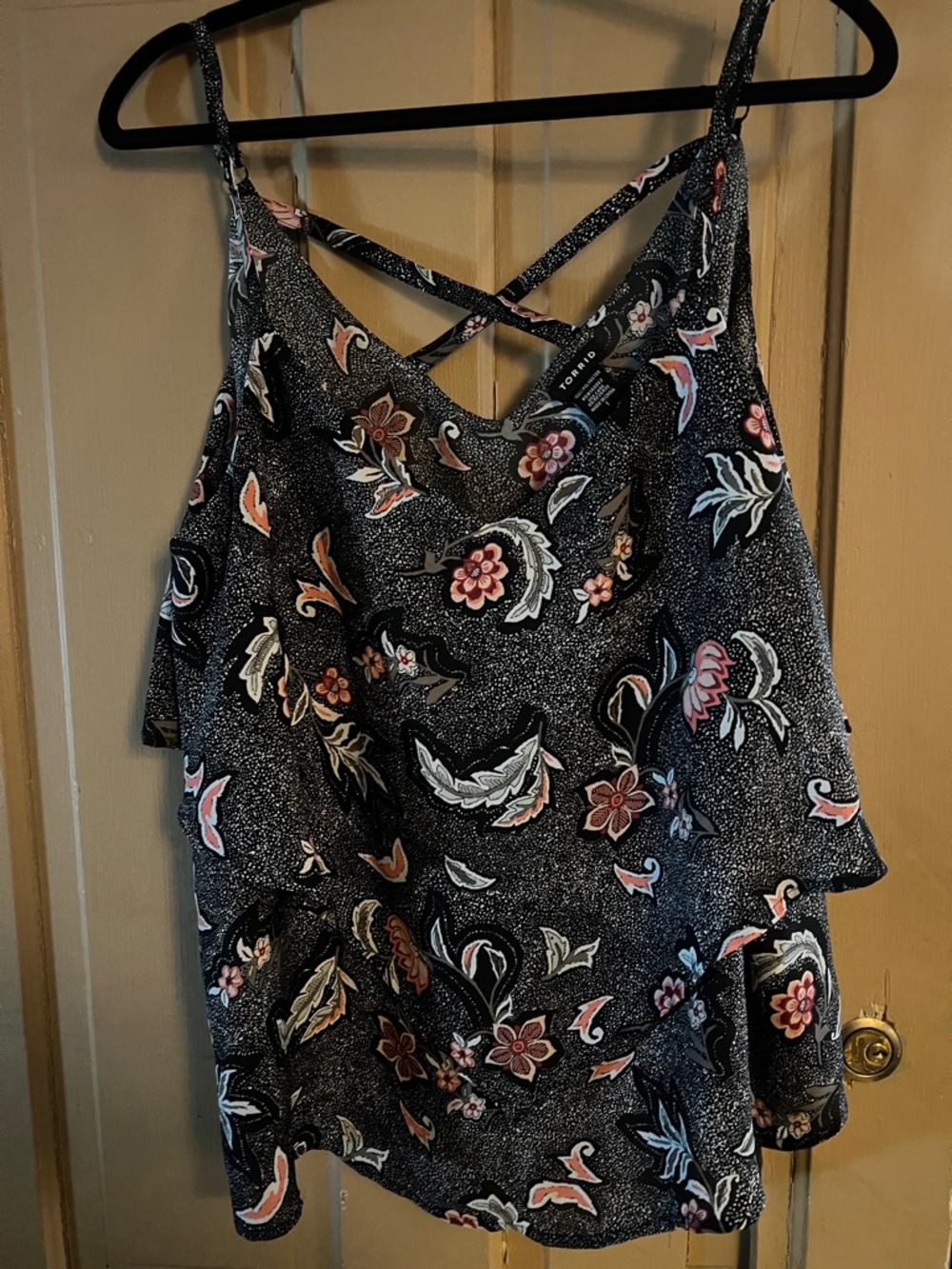 torrid Black Floral Tiered Cami with Crisscross Straps